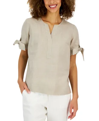 Charter Club Women's 100% Linen Split-Neck Tie-Cuff Top, Created for Macy's