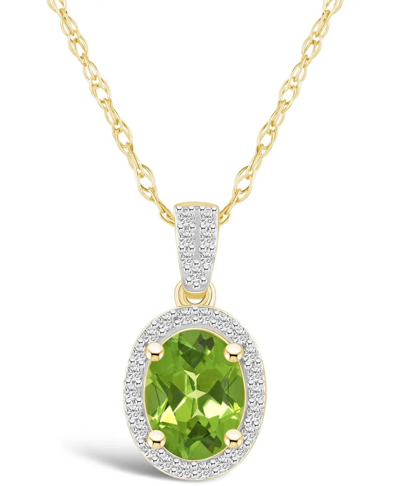 Macy's Peridot (1-1/3 ct. t.w.) and Lab Grown Sapphire (1/6 ct. t.w.) Halo Pendant Necklace in 10K Yellow Gold