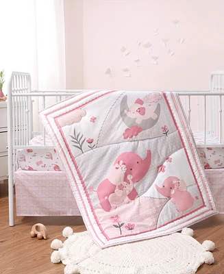 The Peanutshell Pink Elephant Crib Bedding Set for Baby Girls, 3 Piece Nursery Set