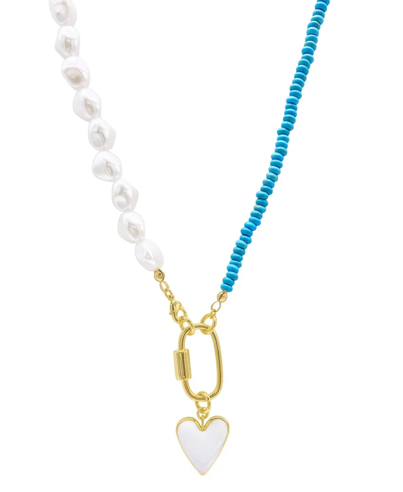 Adornia Turquoise and Freshwater Pearl Lock and Heart Pendant Necklace