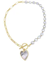 Imitation Pearl and Chain Heart Toggle Necklace - Yellow Gold