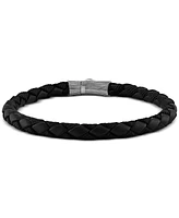 Esquire Men's Jewelry Black Leather Woven Bracelet Sterling Silver (Also Brown & Blue Leather), Created for Macy's