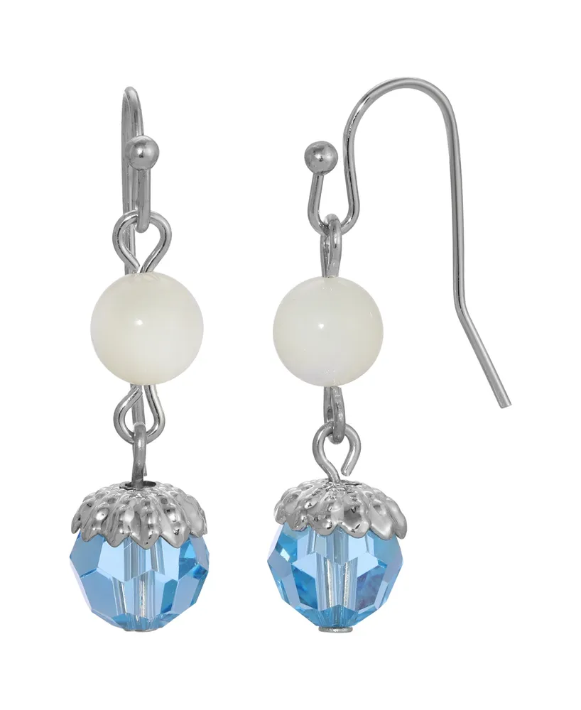 2028 Mother of Imitation Pearl with Aqua Bead Drop Earrings