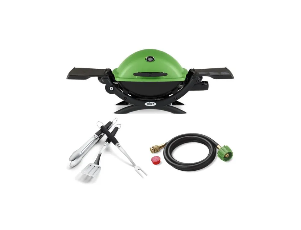 Weber Q 1200 Gas Grill (Green) With Adapter Hose And 3-Piece Grill Set