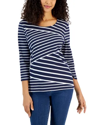 Karen Scott Women's Callie Asymmetrical-Stripe 3/4-Sleeve Top, Created for Macy's