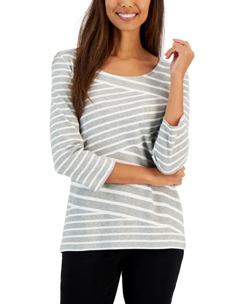 Karen Scott Women's Callie Asymmetrical-Stripe 3/4-Sleeve Top, Created for Macy's