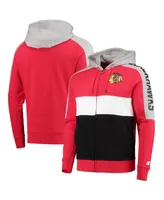 Men's Starter Red and Black Chicago Blackhawks Playoffs Color Block Full-Zip Hoodie