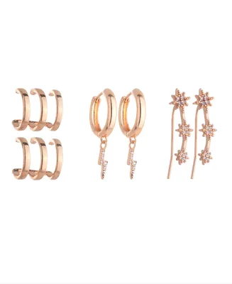 Nicole Miller Crystal Stones with Gold-Tone Ear Cuff, Crawler and Hoop trio Earrings Set, 6 pieces