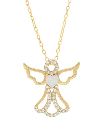 Lab-grown Opal (1/6 ct. t.w.) & Cubic Zirconia Heart Angel 18" Pendant Necklace in 14k Gold-Plated Sterling Silver