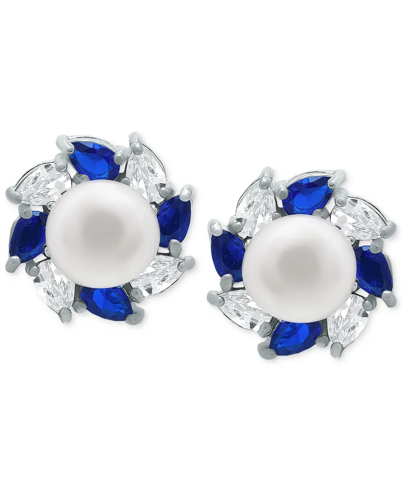 Giani Bernini Freshwater Pearl (5mm), Lab-Grown Blue Sapphire (1/3 ct. t.w.), & Cubic Zirconia Halo Stud Earrings in Sterling Silver, Created for Macy