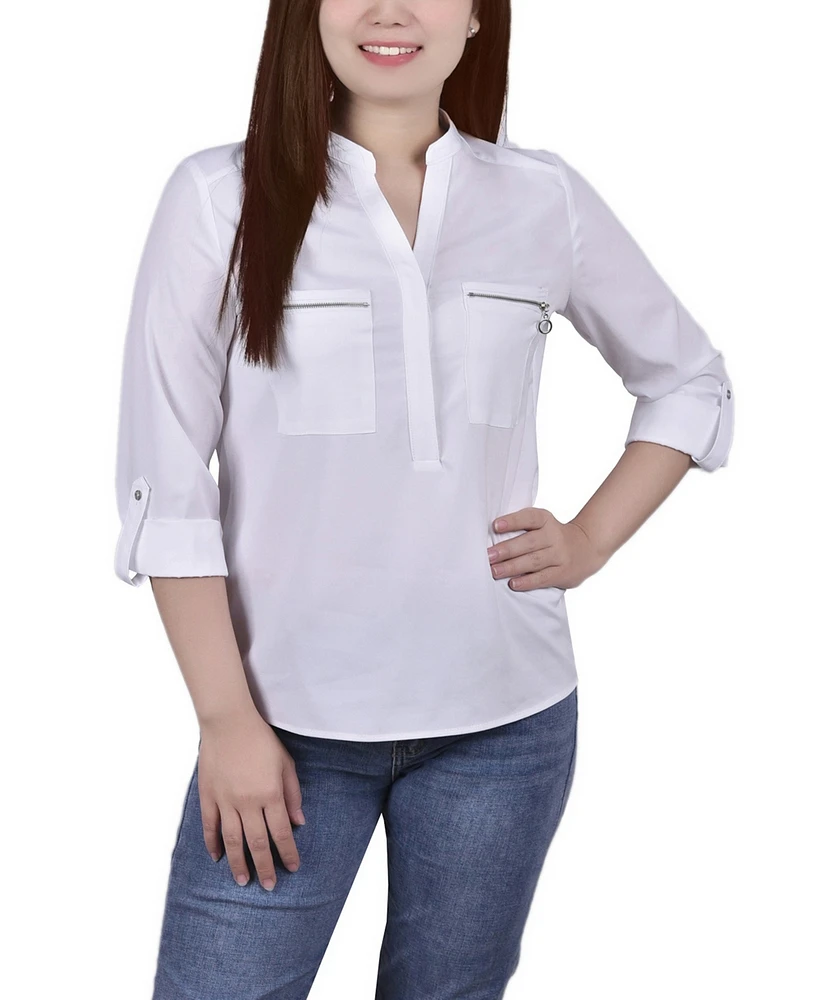 Ny Collection Women's 3/4 Roll Tab Hi Low Y-neck Top