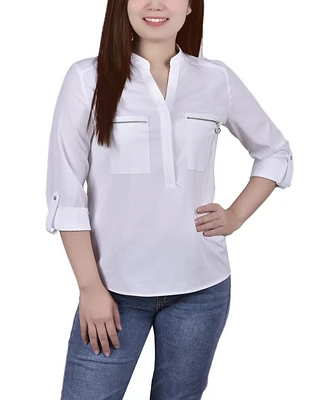 Ny Collection Women's 3/4 Roll Tab Hi Low Y-neck Top