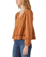 Lucky Brand Bohemian Pintuck Lace Long Sleeve Top