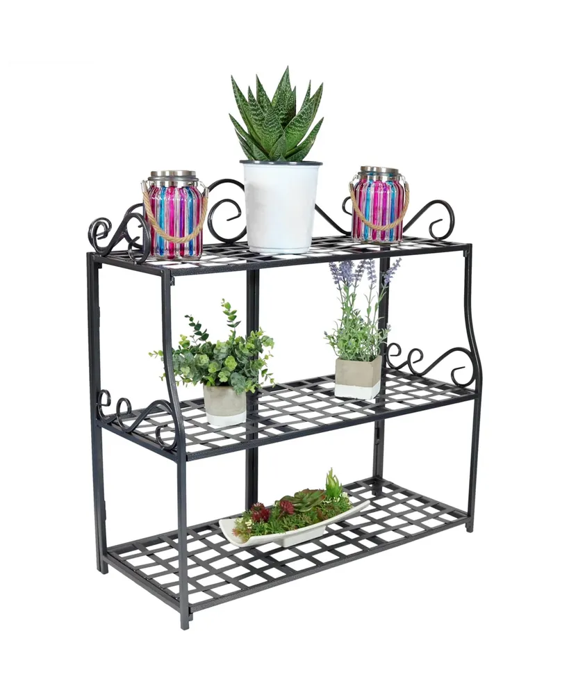 Sunnydaze Decor Black Iron 3-Tier Plant Stand Shelf with Scroll Edging - 30 in