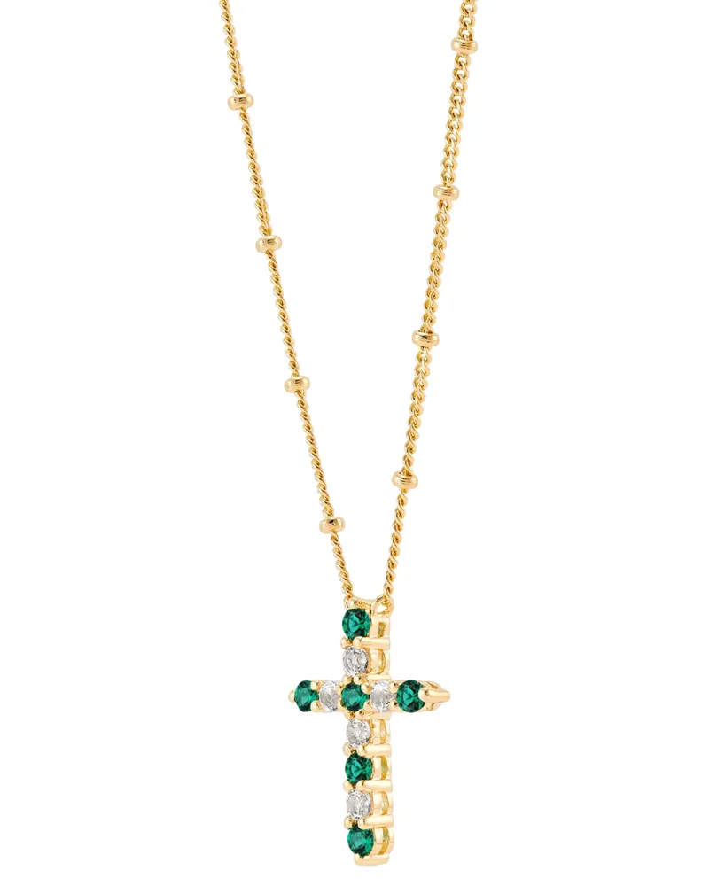 Lab-Grown Emerald (1/4 ct. t.w.) & Lab-Grown White Sapphire (1/3 ct. t.w.) Cross Pendant Necklace in 14k Gold
