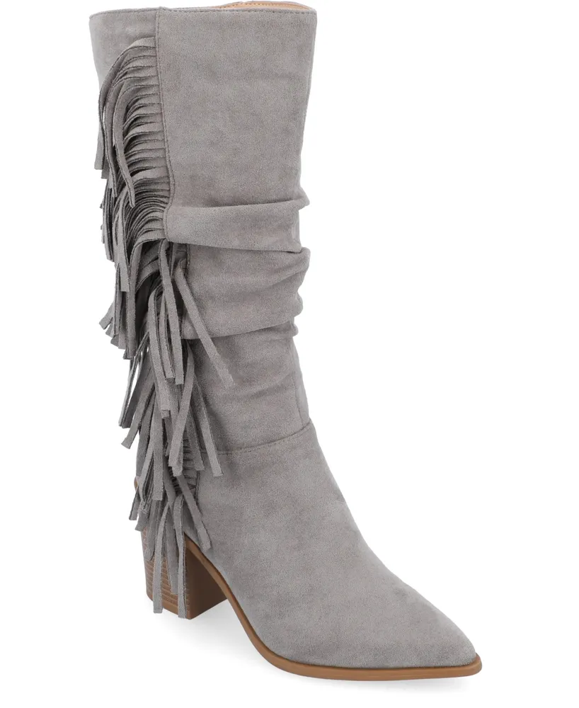 Journee Collection Women's Hartly Wide Calf Slouchy Western Fringe Mid Shaft Boots