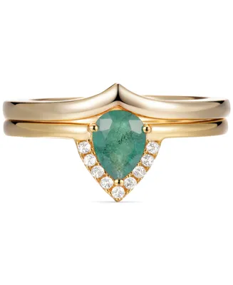 2-Pc. Set Emerald (5/8 ct. t.w.) & White Topaz (1/20 ct. t.w.) V Halo Ring & Fitted Band in Gold-Plated Sterling Silver (Also in Aquamarine & Opal)