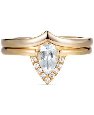 2-Pc. Set Emerald (5/8 ct. t.w.) & White Topaz (1/20 V Halo Ring Fitted Band Gold-Plated Sterling Silver (Also Aquamarine Opal)