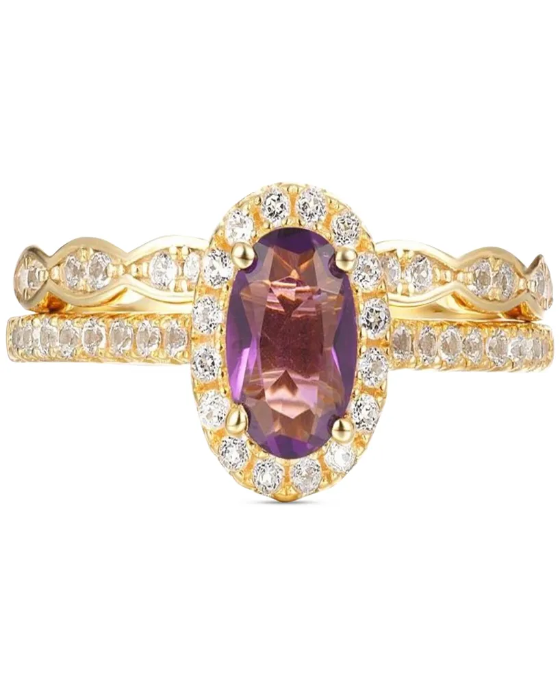 2-Pc. Set Sky Blue Topaz (1 ct. t.w.) & White Topaz (1/4 ct. t.w.) Halo Ring & Fitted Band in Gold-Plated Sterling Silver (Also in Amethyst)