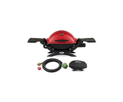 Weber Q1200 Liquid Propane Grill Red With Adapter Hose And Grill Cover
