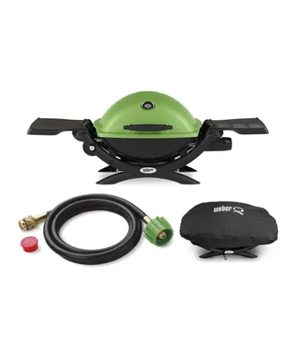 Weber Q 1200 Liquid Propane Grill Green With Adapter Hose And Grill Cover