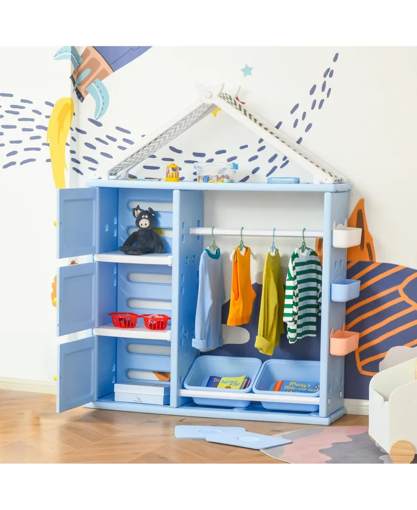 Qaba Kids Wardrobe Closet Hanging Rack Built for Kids Bedroom Storage, Blue