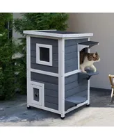 Outdoor Solid Wood 2 Floor Cat Condo Pet House Shelter Gray