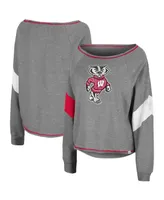 Women's Colosseum Heathered Gray Wisconsin Badgers Amped Chevron Stripe Raglan Boat Neck Pullover Sweatshirt