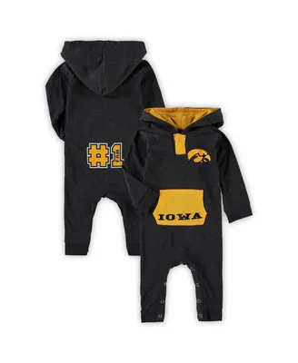 Newborn and Infant Boys and Girls Colosseum Black Iowa Hawkeyes Henry Pocketed Hoodie Romper