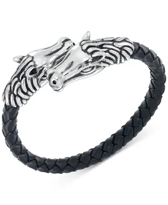 Legacy for Men by Simone I. Smith Horse Head Black Leather Braided Bypass Bracelet in Stainless Steel