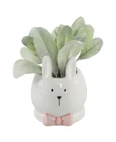 Flora Bunda Lamb's Ear Ceramic Bunny with Pink Bow, 4"