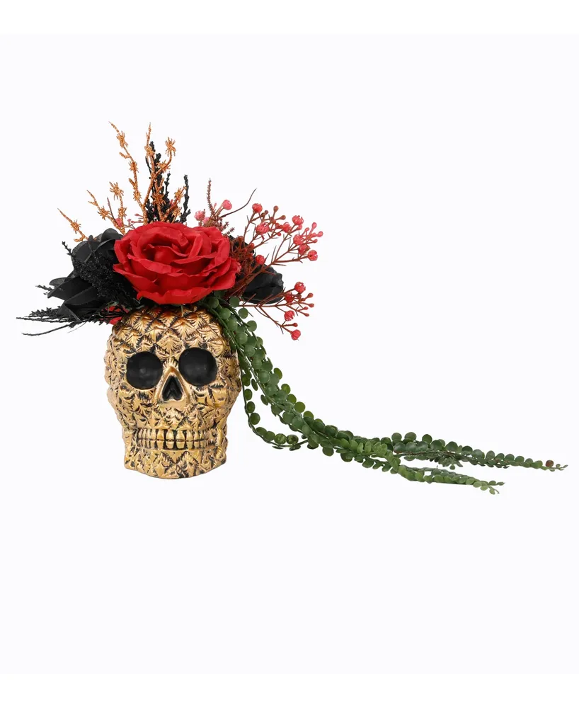 Flora Bunda Halloween Floral Arrangement with Rose String of Pearls in Ceramic Skull, 6.25"