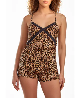 iCollection Women's Chiya Leopard Pajama Short Set Trimmed Lace, 2 Piece