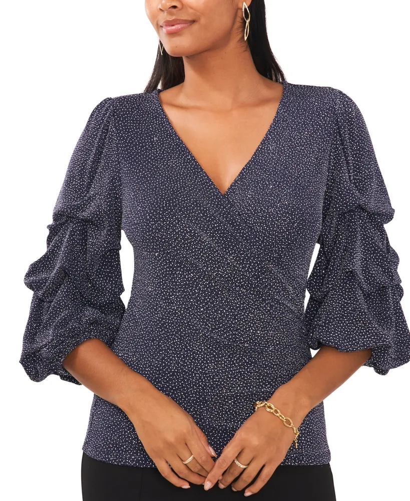 Msk Women's Glitter-Knit Tiered-Sleeve Surplice Top