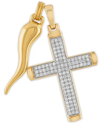 Esquire Men's Jewelry 2-Pc. Set Cubic Zirconia Cross and Horn Pendants in 14k Gold-Plated Sterling Silver, Created for Macy's