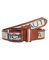 Nautica Men's Logo Ribbon with Leather Trim Belt