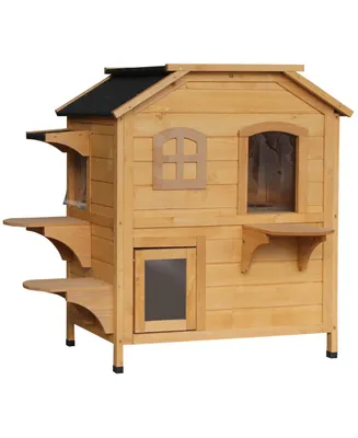 PawHut 2-Story Wooden Cat Condo Balcony & for Indoor Outdoor Use Natural