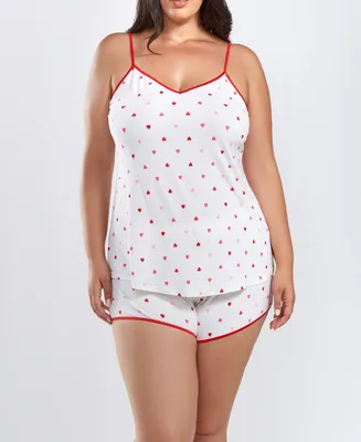 iCollection Kyley Plus Heart Printed Pajama Short Set Trimmed Red - White