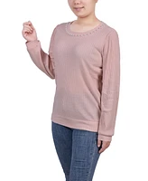 Ny Collection Petite Long Sleeve Ribbed Imitation Pearl Trimmed Top