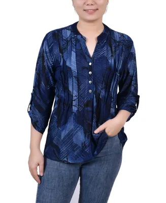 Ny Collection Petite 3/4 Roll Tab Sleeve Printed Pintuck Top