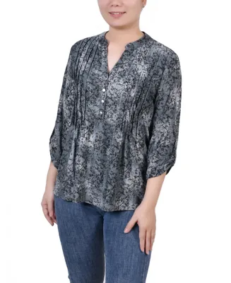 Ny Collection Petite 3/4 Roll Tab Sleeve Printed Pintuck Top