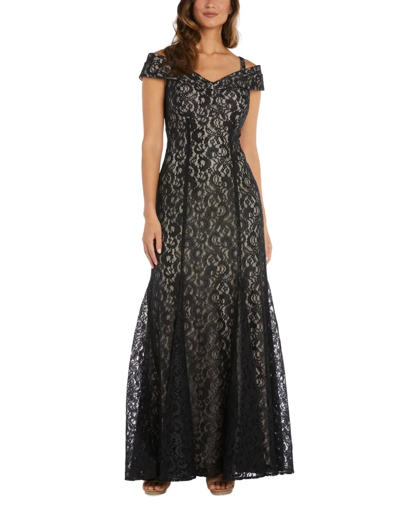 R & M Richards Off-The-Shoulder Lace Gown