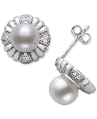 Belle de Mer Cultured Freshwater Pearl (7-8mm) & Lab-Created White Sapphire Flower Stud Earrings in Sterling Silver