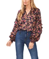 1.state Women's Floral Ruffle Split Neck Long-Sleeve Blouse