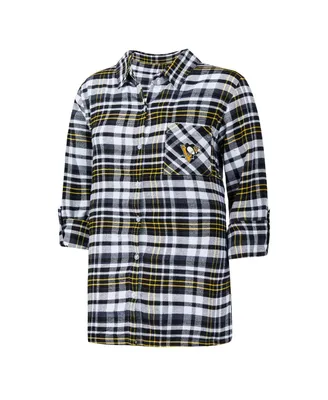 Women's Concepts Sport Black Pittsburgh Penguins Mainstay Flannel Full-Button Three-Quarter Sleeve Nightshirt