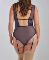 iCollection Lana Plus Soft Cup Lace and Mesh Teddy with Removable Garter Straps - Navy