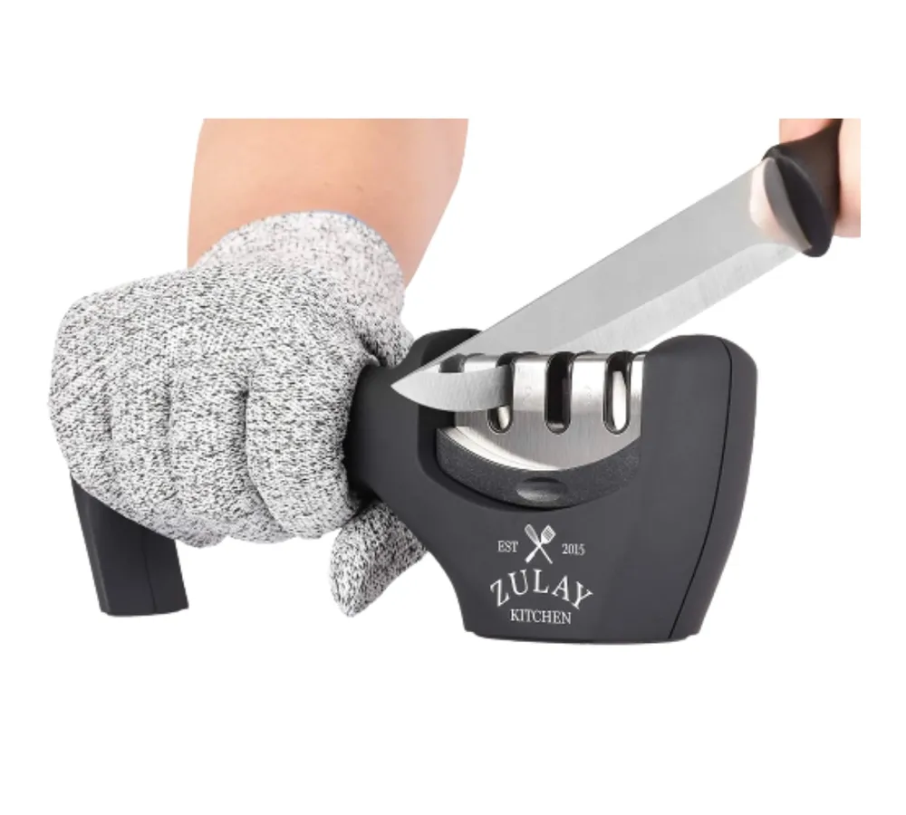 Zulay Kitchen 3 Stage Knife Sharpener and 1 Piece Cut-Resistant