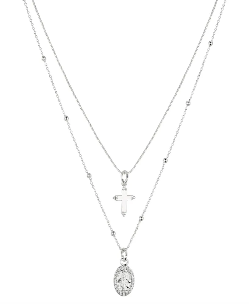Unwritten Silver Plated Brass Crystal Mary and Cross Duo Necklace with Extender