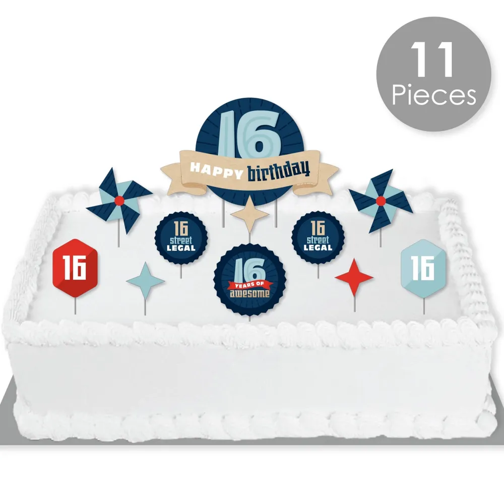 Boy 16th Birthday - Teen Birthday Cake Decorating Kit - Cake Topper Set - 11 Pc