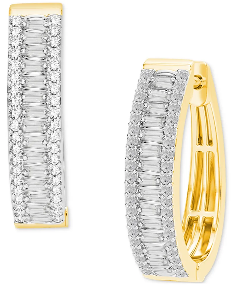 Diamond Round & Baguette Small Hoop Earrings (1/2 ct. t.w.) in Sterling Silver & 14k Gold-Plate - Sterling Silver  Gold